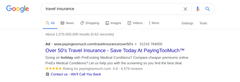 How To Create Your First Ad Campaign In Google Ads 1 Example Of A Google Ads 'Travel Insurance' Ad